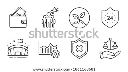 Reject protection, Operational excellence and Startup line icons set. 24 hours, Wallet and Justice scales signs. Arena, Brand ambassador symbols. Quality line icons. Reject protection badge. Vector