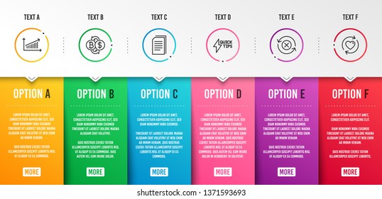 Reject refresh, Bitcoin exchange and Copy files icons simple set. Quickstart guide, Chart and Update relationships signs. Update rejection, Cryptocurrency change. Infographic template. Vector