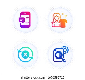 Rechazar actualización, Limpiar pantalones y los iconos de notificación de Smartphone conjunto simple. Botón con puntos de tono medio. Señal de las estadísticas de Seo. Actualizar rechazo, Lavar pantalones t, Mensaje de chat. Cognero. Conjunto de negocios. Vector