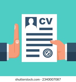 Reject resume.  Head hunter declines with a resume hand gesture. The job application is rejected. Vector flat design. Isolated on white background. Bad news about work.