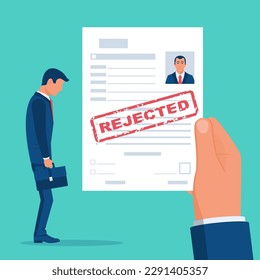 Reject resume. Head hunter holds a stamped candidate document rejecting a job application. Sad business manager. Job search. Vector flat design. Isolated on white background. Bad news about work.