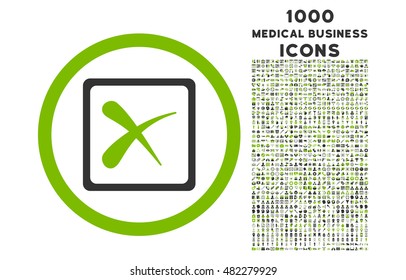 Reject rounded vector bicolor icon with 1000 medical business icons. Set style is flat pictograms, eco green and gray colors, white background.