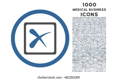 Reject rounded vector bicolor icon with 1000 medical business icons. Set style is flat pictograms, cobalt and gray colors, white background.