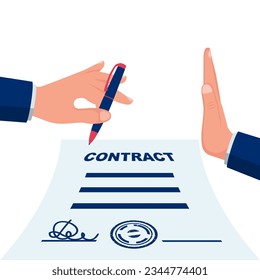 Rechazo a la firma de un contrato. Interrupción de un contrato. Diseño plano de ilustración vectorial. Aislado en segundo plano. Concepto de desacuerdo. Documentos comerciales. Fin del trato.