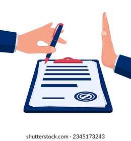 Rechazo a la firma de un contrato. Interrupción de un contrato. Diseño plano de ilustración vectorial. Aislado en segundo plano. Concepto de desacuerdo. Documentos comerciales. Fin del trato.