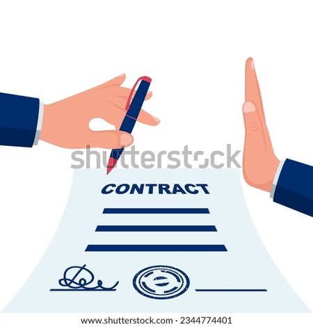 Reject to signature of a contract. Break of a contract. Vector illustration flat design. Isolated on background. Concept of disagreement. Business documents. End deal.