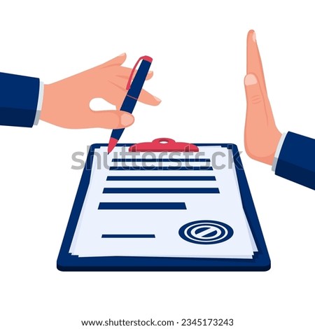 Reject to signature of a contract. Break of a contract. Vector illustration flat design. Isolated on background. Concept of disagreement. Business documents. End deal.
