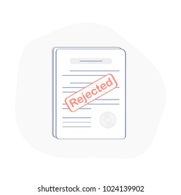 Reject stamp on the stack of paper sheets. Dismiss, Refuse Doc, Decline License icon, Rejected application or document. Flat outline modern icon concept design. 