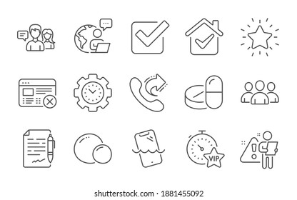 Reject web, Medical drugs and Time management line icons set. Checkbox, Smartphone waterproof and Vip timer signs. People talking, Share call and Agreement document symbols. Line icons set. Vector