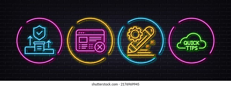 Reject web, Security agency and Project edit minimal line icons. Neon laser 3d lights. Quick tips icons. For web, application, printing. No internet, Cyber protection, Settings. Helpful tricks. Vector