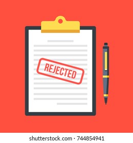 Rejected application. Clipboard with document, red rejected stamp and pen. Top view. Modern flat design graphic elements, concepts. Vector illustration