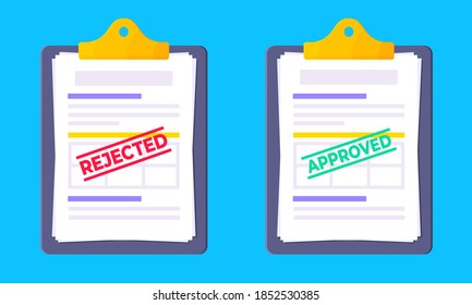 Los formularios de crédito o préstamo rechazados y aprobados se establecen con el portapapeles y el formulario de reclamación en él, hojas de papel aisladas en la ilustración vectorial de fondo azul plano. Concepto de rellenar el formulario de solicitud en línea