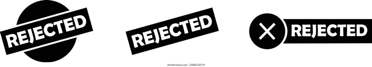 Rejected black stamp signs icons set. Seal badge dusty grunge effect unapproved fail denied declined warning information tag vignette vectors in flat styles isolated on transparent background.