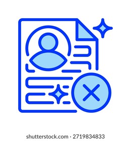 Ícone Linha de Candidato Rejeitado, Símbolo de Estrutura de Tópicos para Negação de Inscrição, Comentários sobre Admissões, Recusa de Recrutamento, Tentativa Malsucedida e Filtro de Seleção. Ícone de sinal vetorial.