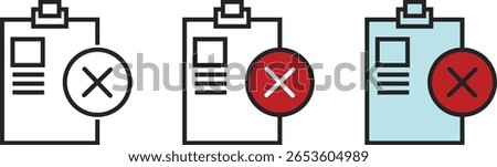 Rejected Checklist Icons – Red Cross on Clipboard for Denied or Incomplete Task