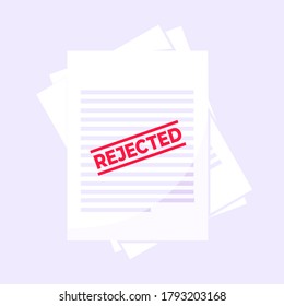 Rejected claim or credit loan form on it, paper sheets and rejected stamp flat style design vector illustration. Concept of denying document, cv resume, insurance application form.