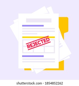 Rejected credit or loan form with file and claim form on it, paper sheets isolated on background flat style vector illustration. Concept of fill out or online credit application form.