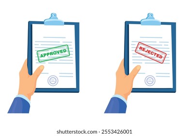 Rejected document. Approved and denied paper page clipboard in hand, approved job certificate stamp check business contract concept reject claim work documents vector illustration original artwork