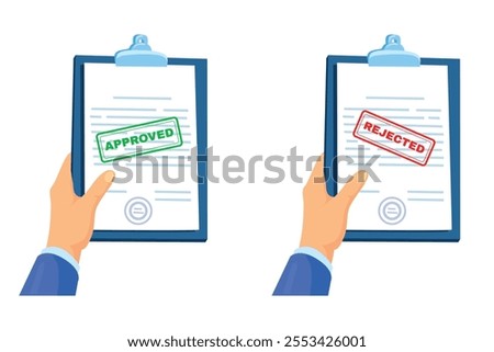 Rejected document. Approved and denied paper page clipboard in hand, approved job certificate stamp check business contract concept reject claim work documents vector illustration original artwork