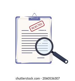 Rejected document. Checking and searching for a declined document with a magnifying glass. Page, sheet with denial and negative result. Financial data was rejected. Wrong document. Vector illustration