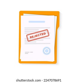 Rejected document. Clipboard with document, red rejected stamp. Concept of denying document. Flat vector illustration