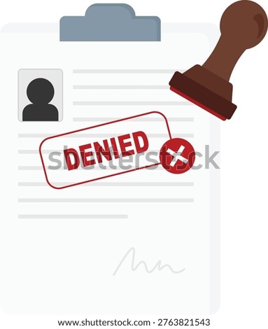 Rejected Document Vector with Denied Red Stamp and Rubber Stamper Tool. Ideal for themes regarding loan rejection, visa denial, failed applications, and administrative decisions.