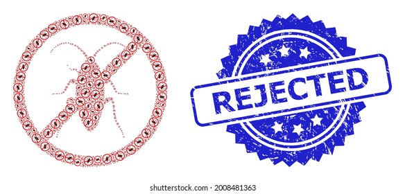 Rejected grunge stamp seal and vector fractal mosaic forbidden cockroach. Blue stamp seal contains Rejected tag inside rosette. Vector mosaic is done from randomized rotated forbidden cockroach items.
