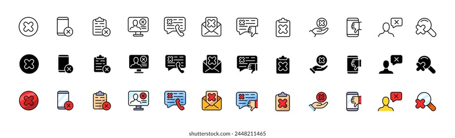 Rejected icon collection. Linear, silhouette and flat. Vector icons