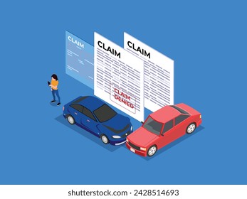 Rejected Insurance for Car Accident. Agents Policy Paper with Red Denied Stamp 3d isometric vector illustration