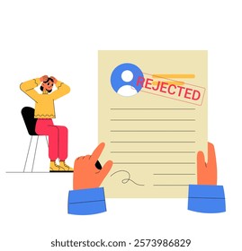 Rejected Job Application With Female Character Sitting Distressed In Flat Vector Illustration Symbolizing Unemployment And Career Challenges, Isolated On White Background