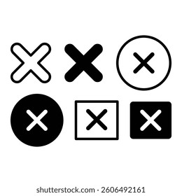 Rejected mark set. Cross, times, wrong button, false, no sign collection in black flat and outlined vector illustration.