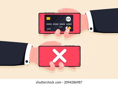 Rejected mobile payment concept flat illustration. The transaction was rejected.