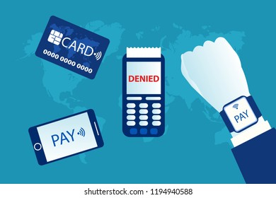 Rejected mobile wireless contact-less payment transaction concept. Wifi POS terminal, smartphone, credit card, Hand with smartwatch, NFC payments rejected isolated blue background. Vector illustration