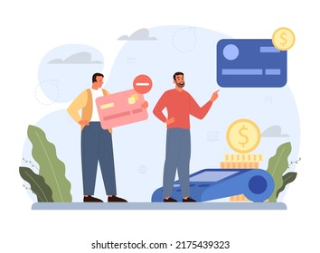 Rejected NFC payment. Contactless terminal decline a credit card. Modern technology, non-cash transactions. Flat vector illustration