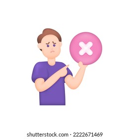 rejected, not accepted, false, disagree, no, forbidden. illustration of a man holding the crossmark. 3D character concept design and realistic. graphic element