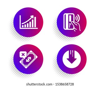 Rejected payment, Contactless payment and Graph chart icons simple set. Halftone dots button. Download arrow sign. Bank transfer, Bank money, Growth report. Crisis. Finance set. Vector