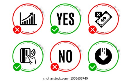 Rejected Payment, Contactless Payment And Graph Chart Icons Simple Set. Yes No Check Box. Download Arrow Sign. Bank Transfer, Bank Money, Growth Report. Crisis. Finance Set. Vector
