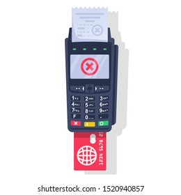 Rejected payment transaction. Red cross as a symbol of failure. Payment terminal, paper check and plastic bank card. NFC POS terminal for payment. Vector illustration flat design. Blocked credit card.