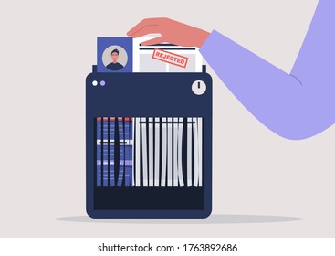 A rejected resume being destroyed in a shredder machine, professional bias, unsuccessful job searching