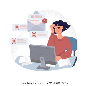 Rejected resume concept. Girl behind monitor screen holds her head. Woman not hired by company, unsuccessful candidate. Character reads letters, refusal metaphor. Cartoon flat vector illustration