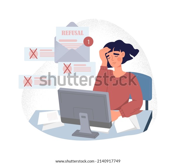 Rejected resume concept. Girl behind monitor\
screen holds her head. Woman not hired by company, unsuccessful\
candidate. Character reads letters, refusal metaphor. Cartoon flat\
vector illustration