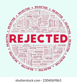 Rejected - round badge. Text rejected with keywords word clouds and circular text. Red Herring color theme and grunge texture. Vibrant vector illustration.