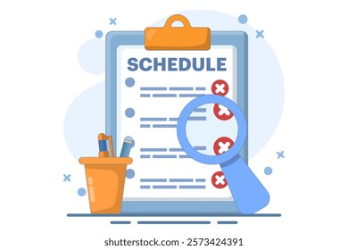 Rejected schedule concept. Schedule board with cross, reject or cancel symbol. Deadline, time management concept. Vector icon in minimalist cartoon style. Flat vector illustration on background.