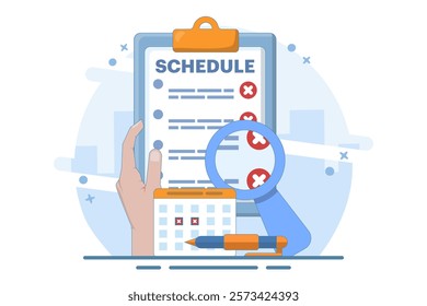 Rejected schedule concept. Schedule board with cross, reject or cancel symbol. Deadline, time management concept. Vector icon in minimalist cartoon style. Flat vector illustration on background.