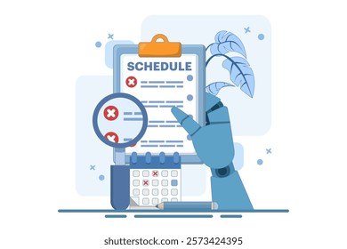 Rejected schedule concept. Schedule board with cross, reject or cancel symbol. Deadline, time management concept. Vector icon in minimalist cartoon style. Flat vector illustration on background.