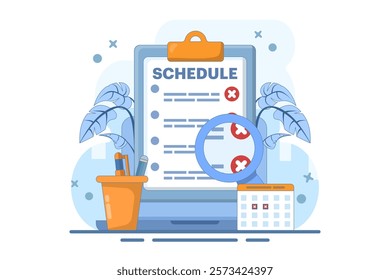 Rejected schedule concept. Schedule board with cross, reject or cancel symbol. Deadline, time management concept. Vector icon in minimalist cartoon style. Flat vector illustration on background.