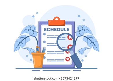 Rejected schedule concept. Schedule board with cross, reject or cancel symbol. Deadline, time management concept. Vector icon in minimalist cartoon style. Flat vector illustration on background.