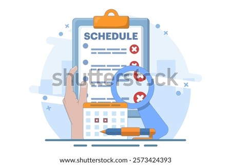 Rejected schedule concept. Schedule board with cross, reject or cancel symbol. Deadline, time management concept. Vector icon in minimalist cartoon style. Flat vector illustration on background.