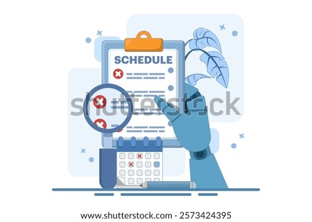 Rejected schedule concept. Schedule board with cross, reject or cancel symbol. Deadline, time management concept. Vector icon in minimalist cartoon style. Flat vector illustration on background.