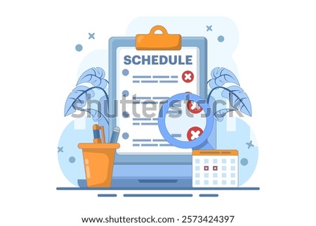 Rejected schedule concept. Schedule board with cross, reject or cancel symbol. Deadline, time management concept. Vector icon in minimalist cartoon style. Flat vector illustration on background.